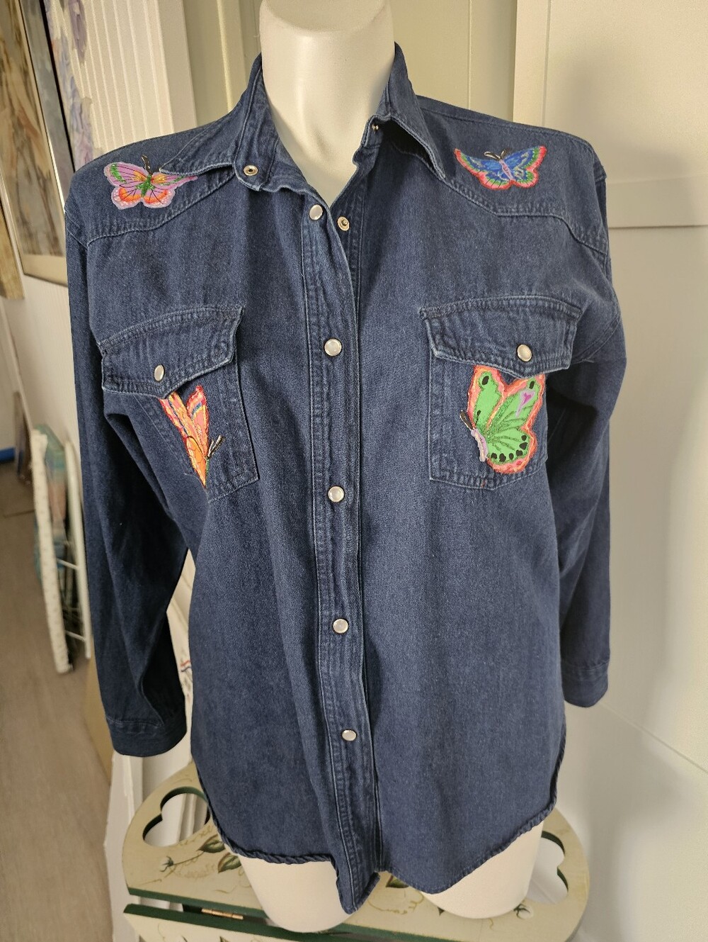 Vintage Anchor Blue Butterfly Denim Western Pearl Snap Shirt No Size Tag Fits L
